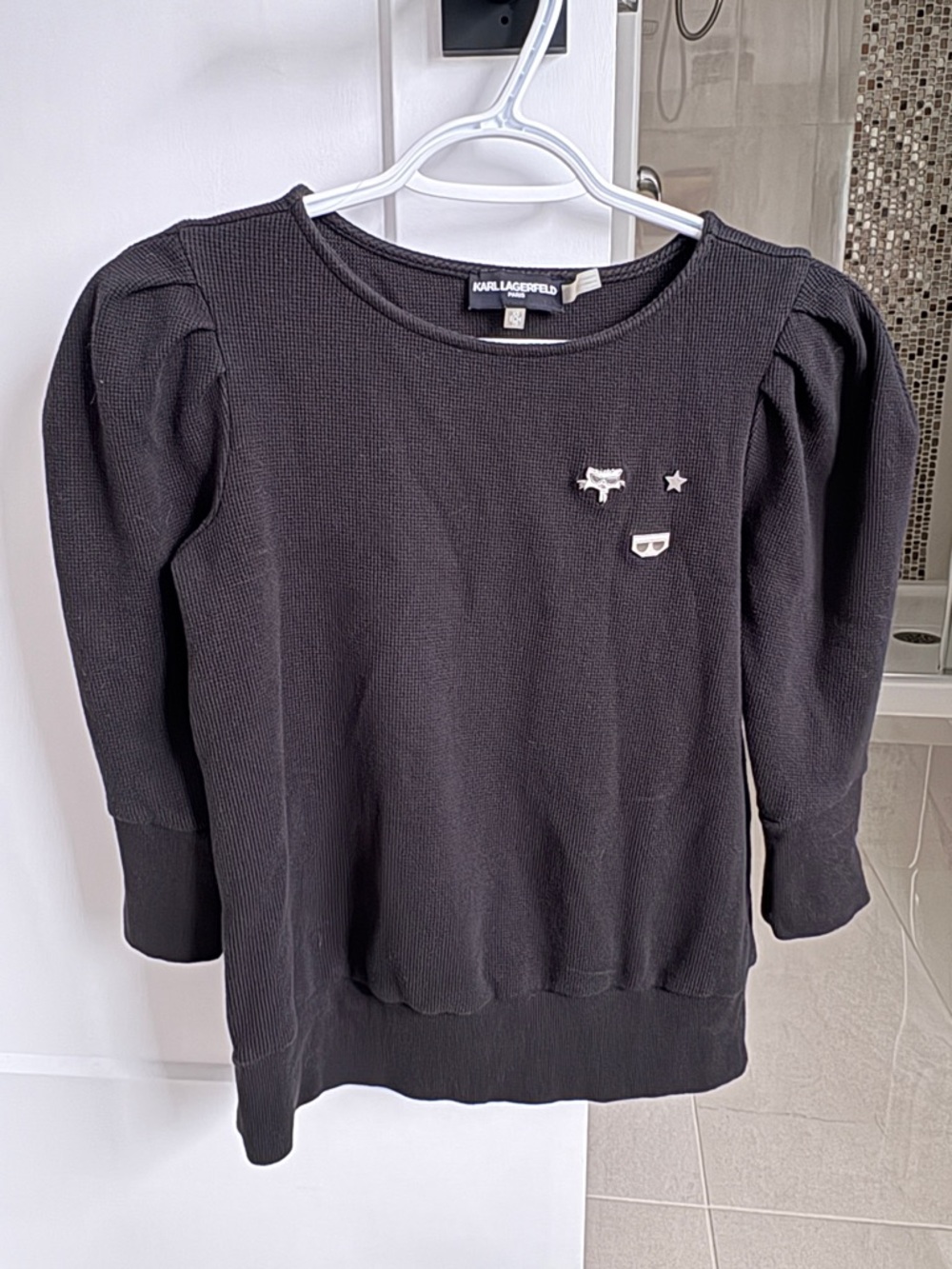 Karl Lagerfeld Black Puff-Sleeve Crewneck Sweater with Pin Accents